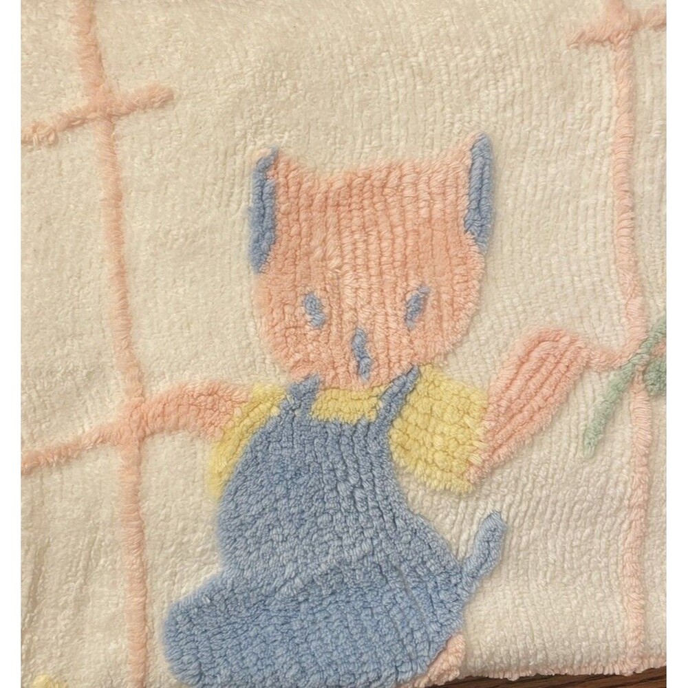 Vtg Chenille Baby Blanket Pink Kitty Blue Bibs 42” X 65” New Crib Spread - Picture 8 of 10